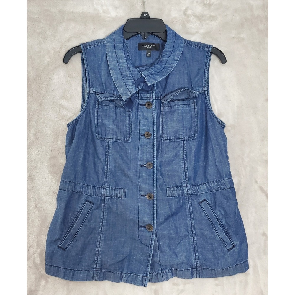 Talbots Vest Womens M Petite Denim Button Up Cargo Pockets Blue Jean Chambray